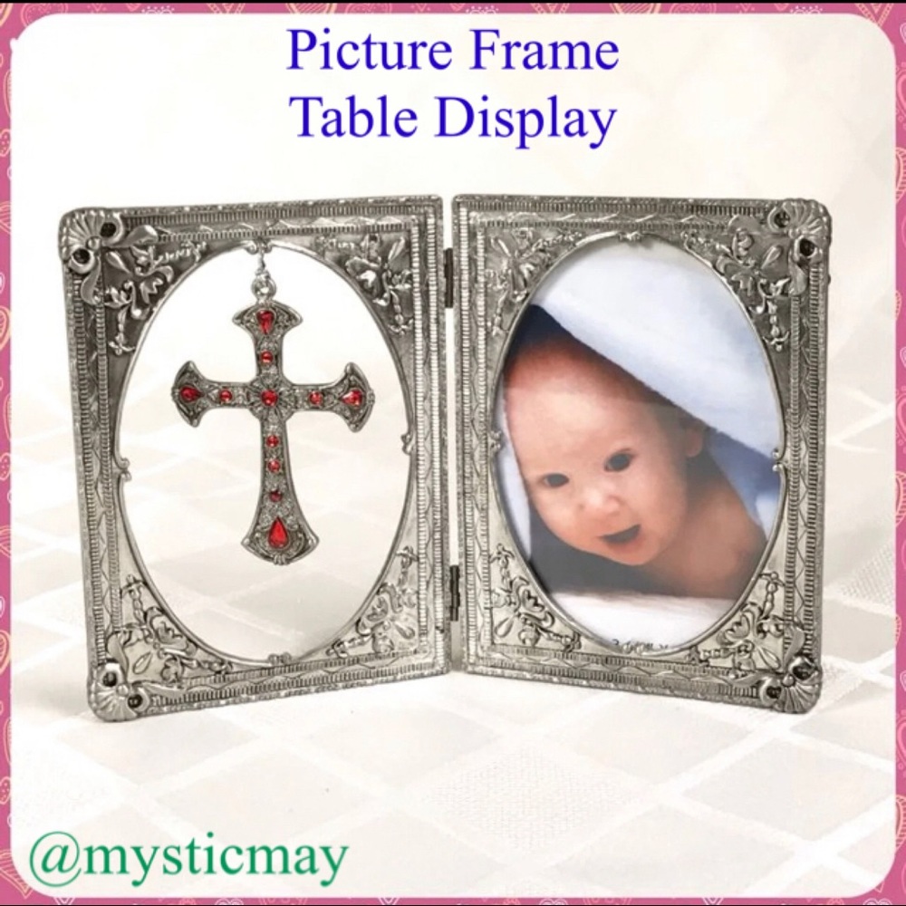New Silver-Tone Metal Standing Photo PICTURE FRAME w PENDANT CROSS Table Display